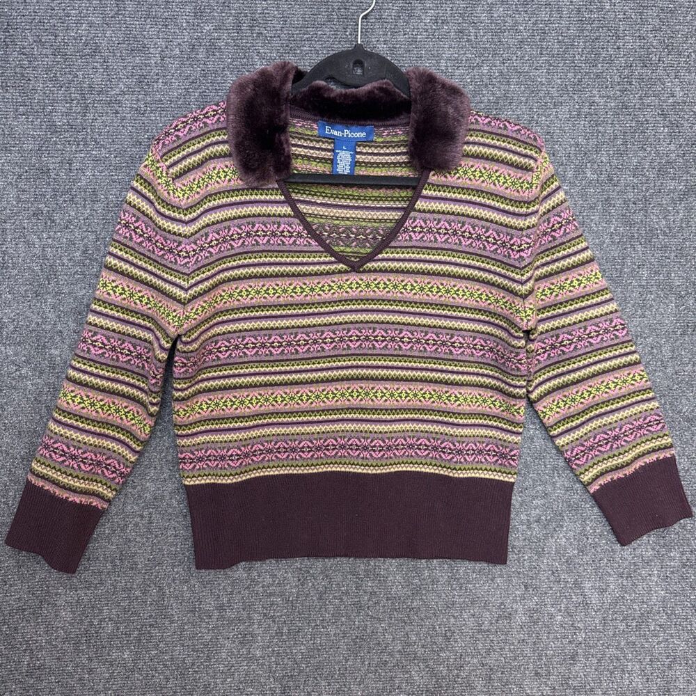 Evan Picone Womens Sweater L Purple Green Fair Isle Sweater Faux Fur Collar Prep